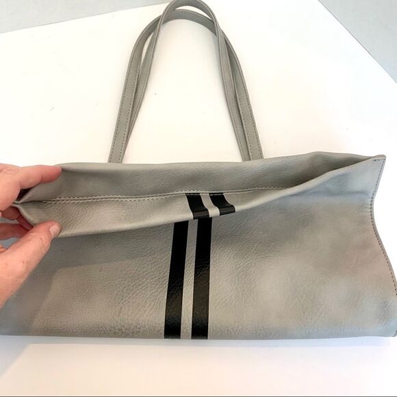 New! Gray and Navy Striped Vegan Leather Tote - Picture 3 of 5